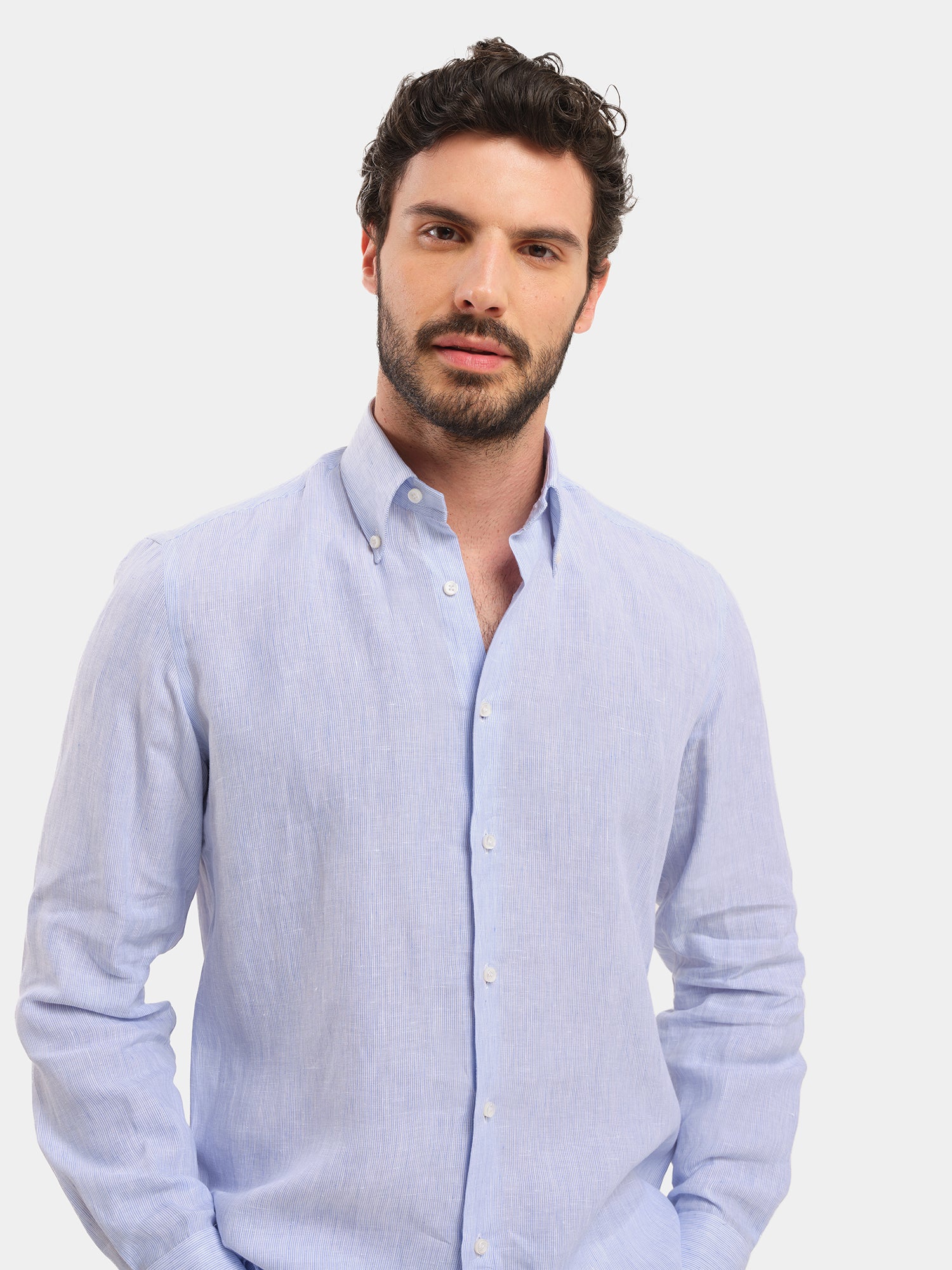 100% Linen Shirt - Light Blue Fine Stripe