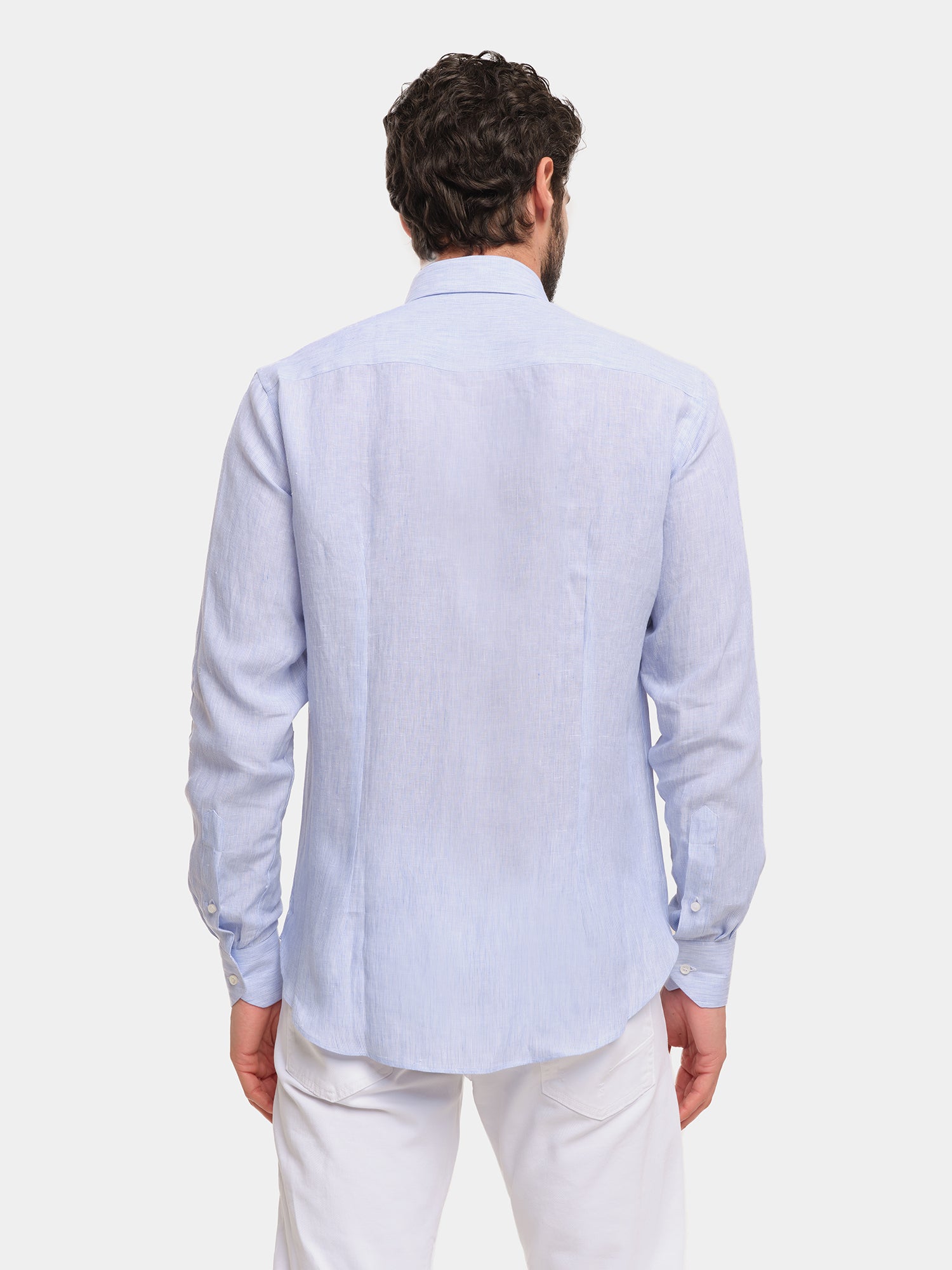 100% Linen Shirt - Light Blue Fine Stripe