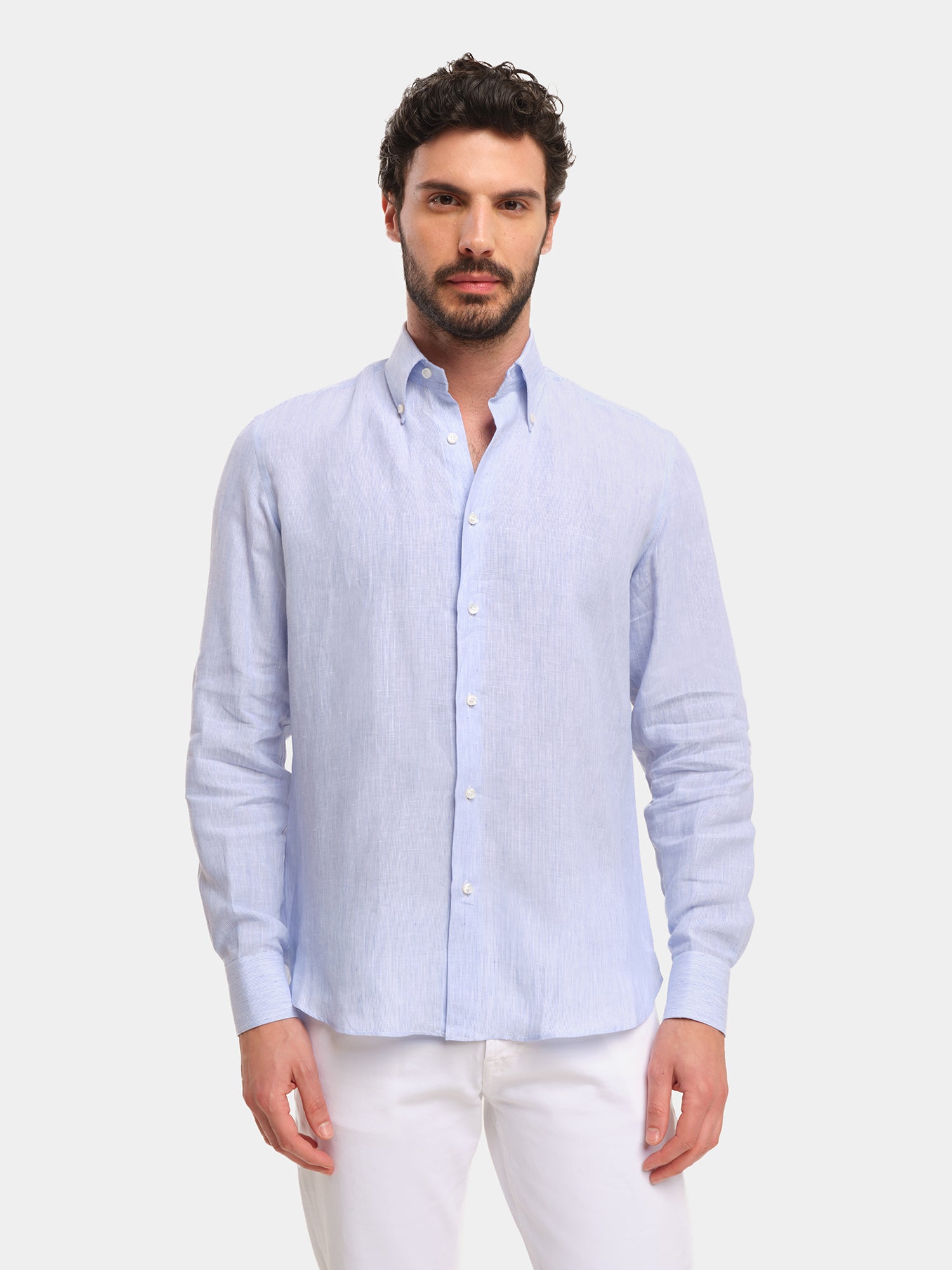 100% Linen Shirt - Light Blue Fine Stripe