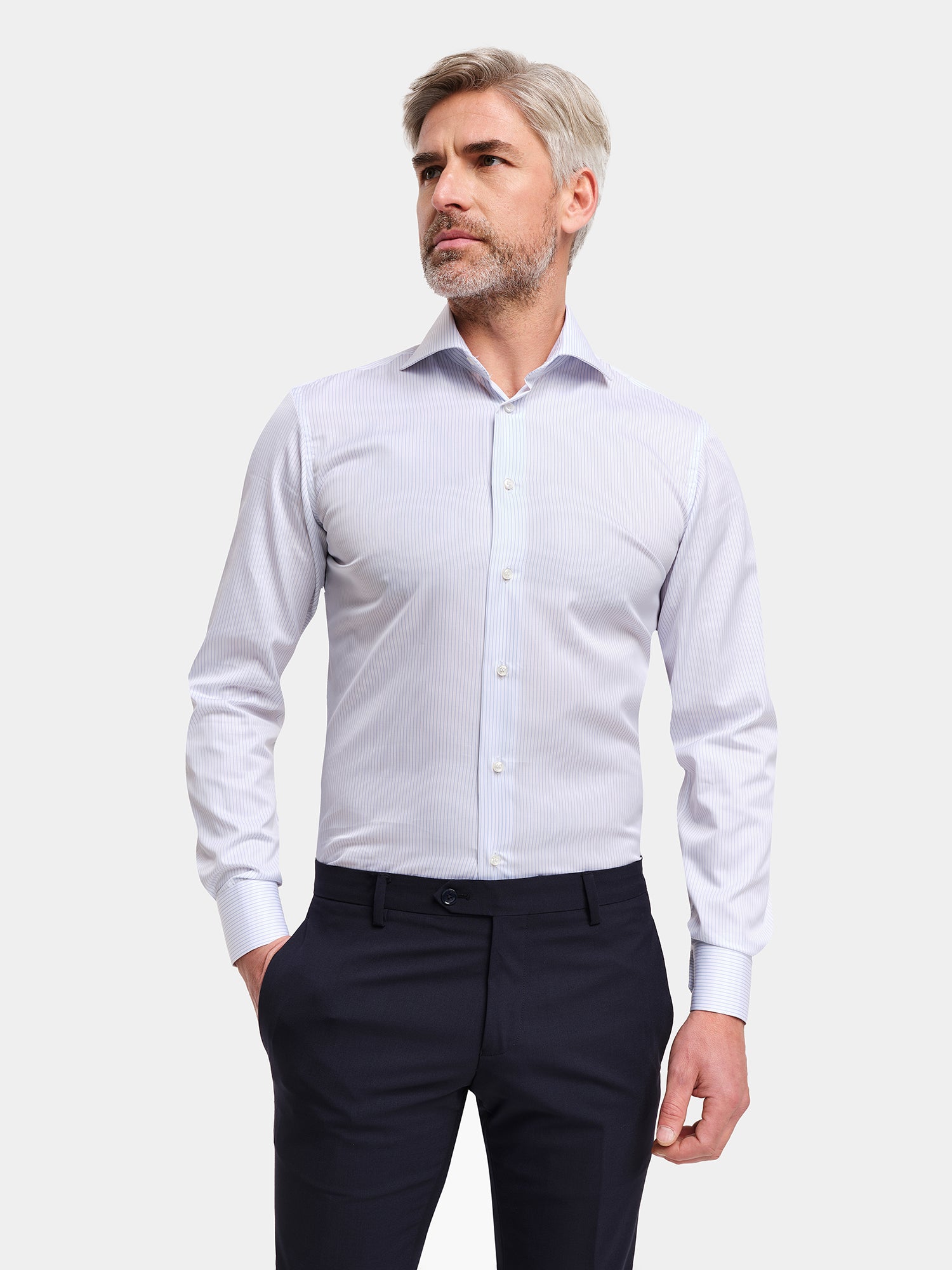 Camicia in Cotone No Iron - Twill a Righe Bianche e Celesti